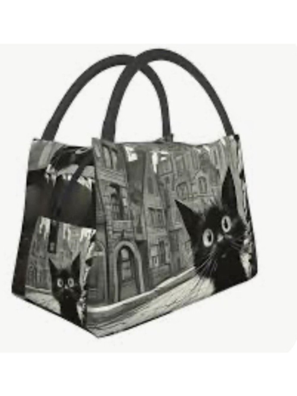 Black Cat Big Eyes Lunch Tote Bag Insulated Double Handles Zips New - Picture 2 of 8